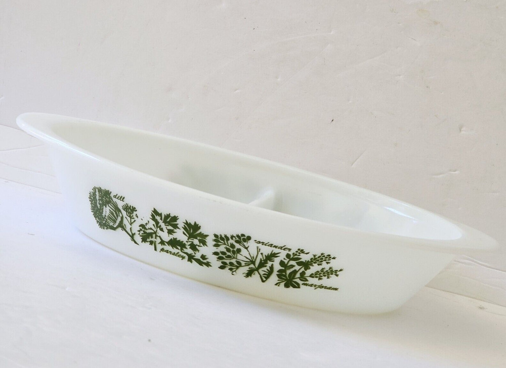 Glasbake Milk Glass Divided Casserole Dish Green Herb Design Vintage Kitchen